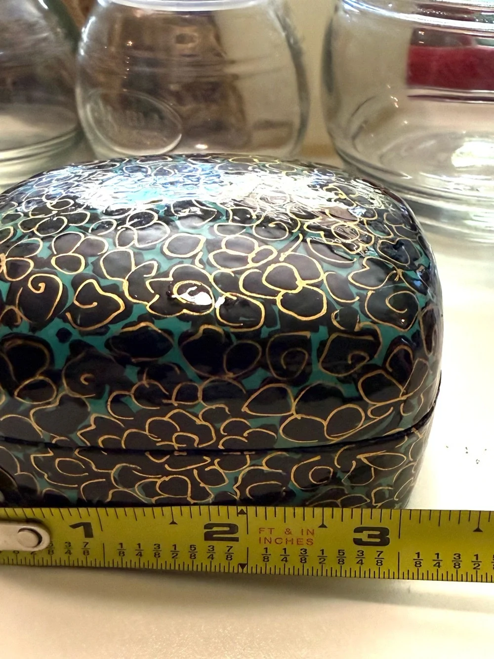 Handcrafted Kashmiri papier-mâché trinket box with lacquered finish gold, teal